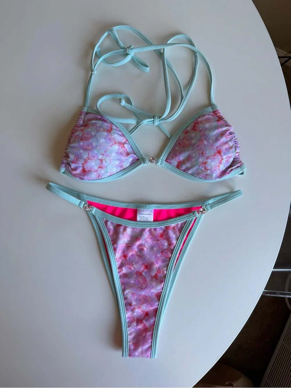 Strawberry Milk Mob Pink Floral Micro Bikini with Mint Trim